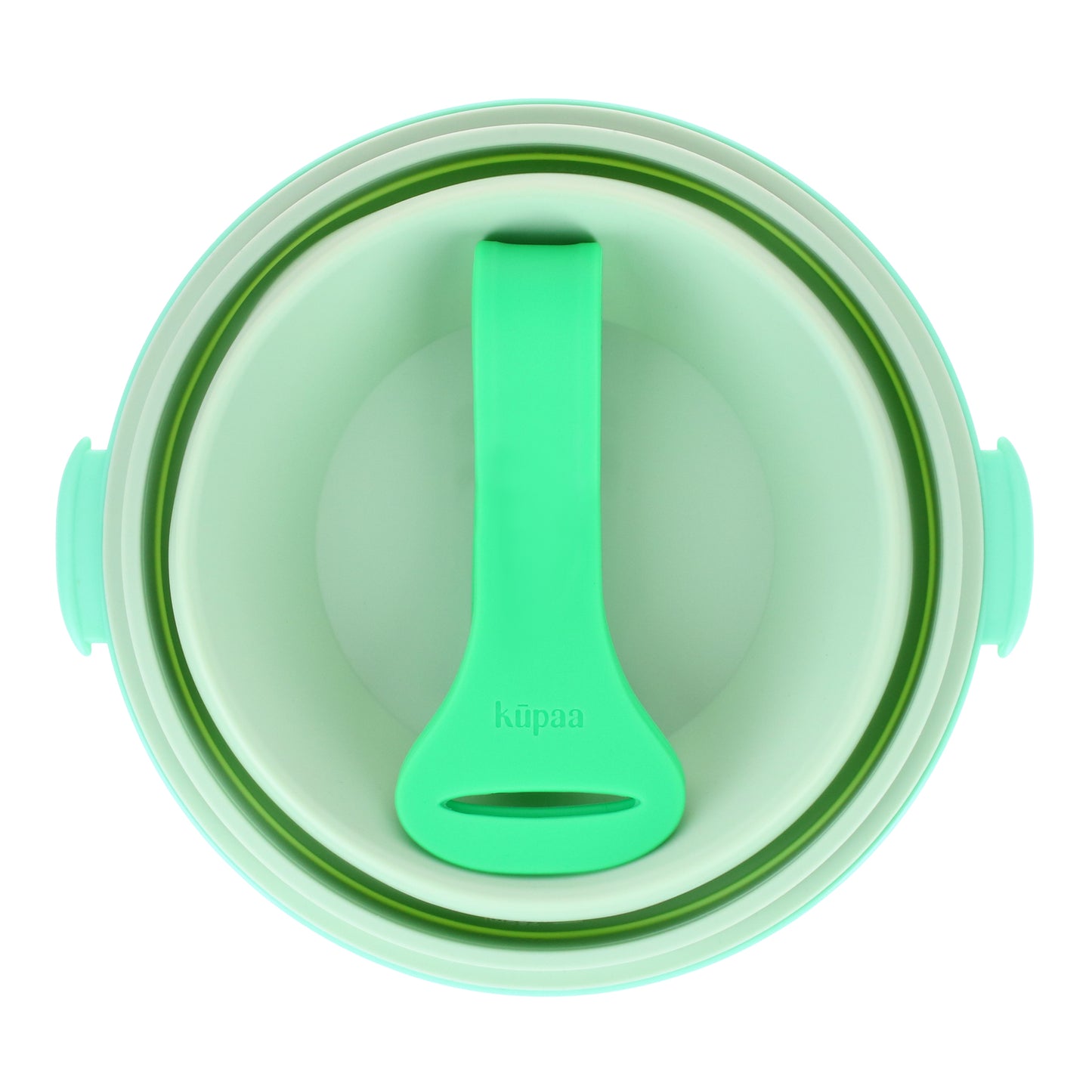 Green lunch box collapsed with the strap conveniently stored inside, front view.