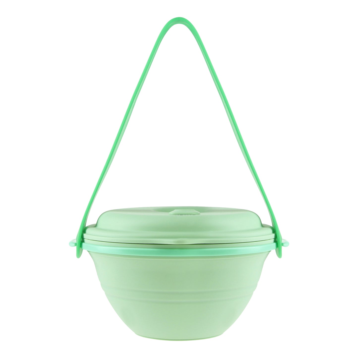 Green lunch box uncollapsed with the strap hooked onto it, front view.