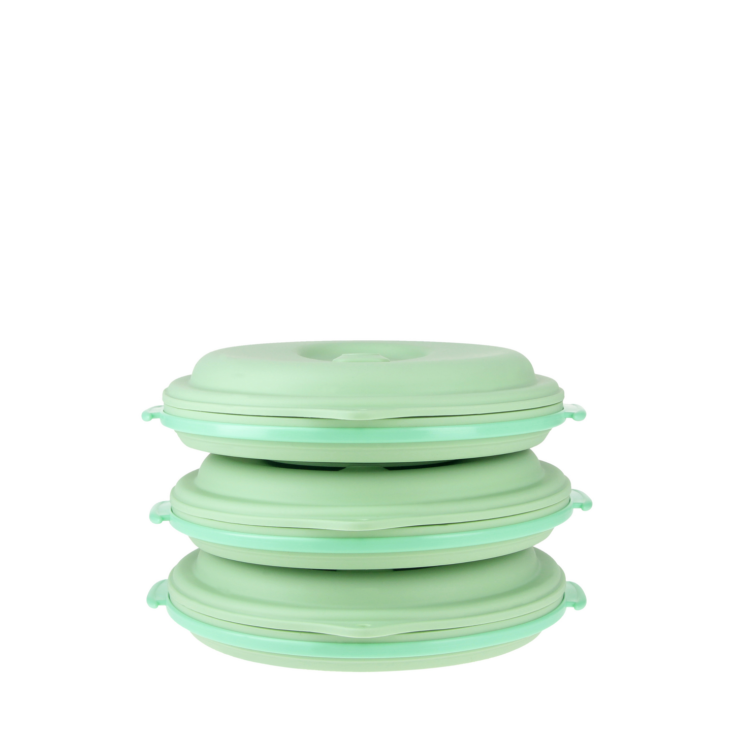 Green lunch boxes set of 3 collapsed with straps conveniently stored inside.