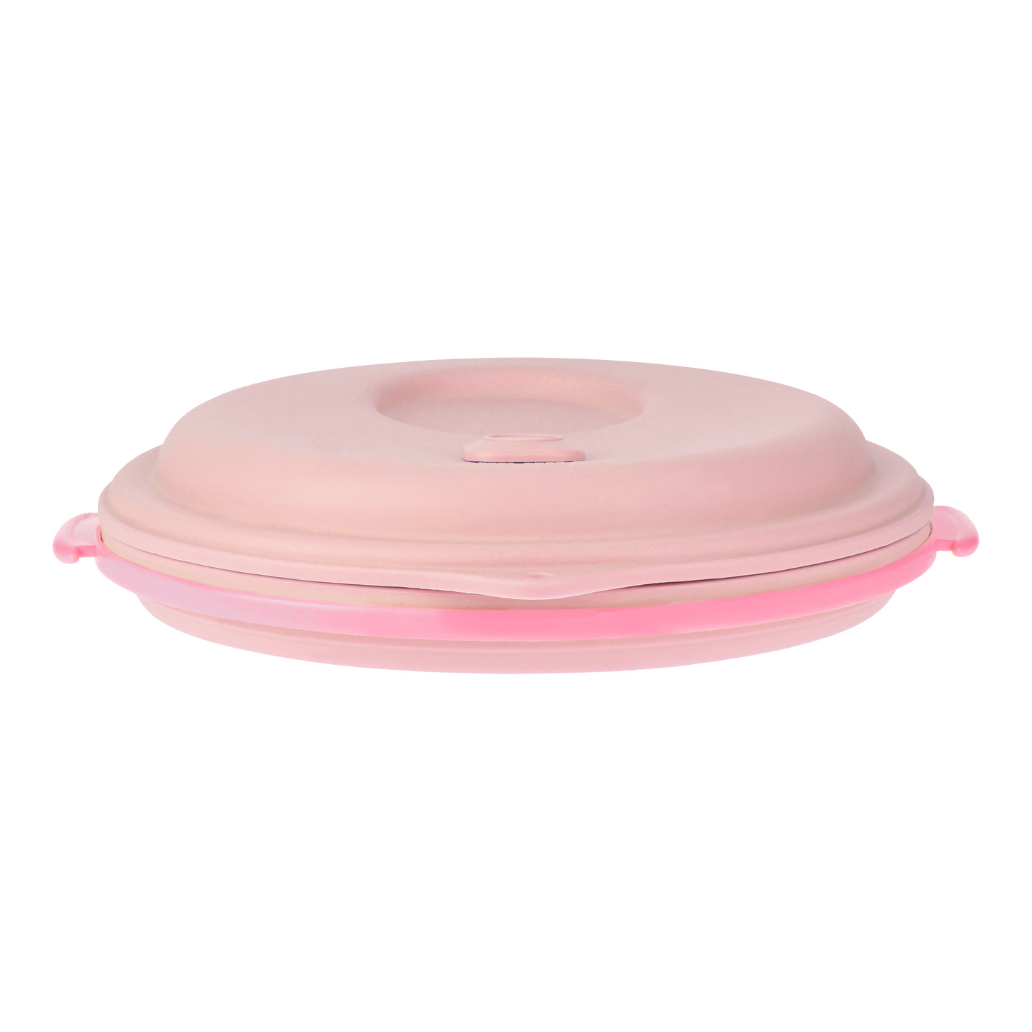 Pink lunch box collapsed with the strap inside, front view.