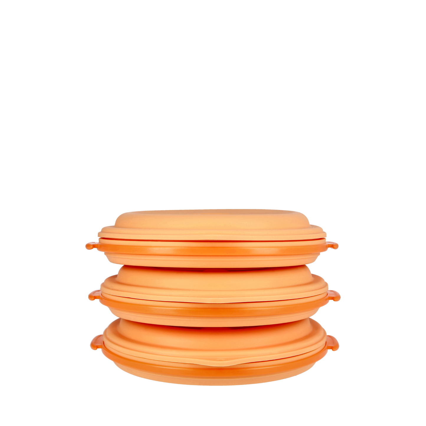 Orange lunch boxes set of 3 collapsed with straps conveniently stored inside.