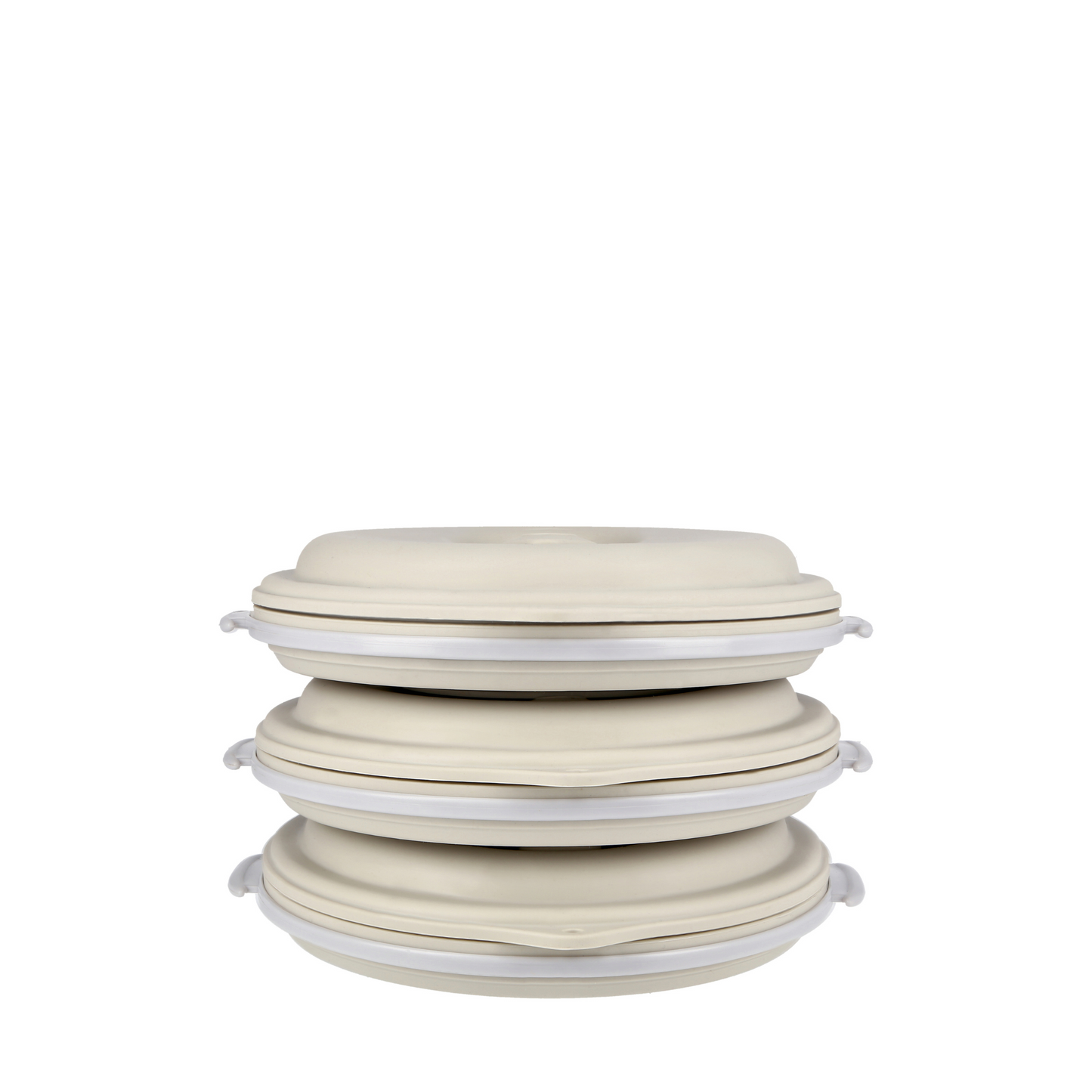 Grey lunch boxes set of 3 collapsed with straps conveniently stored inside.