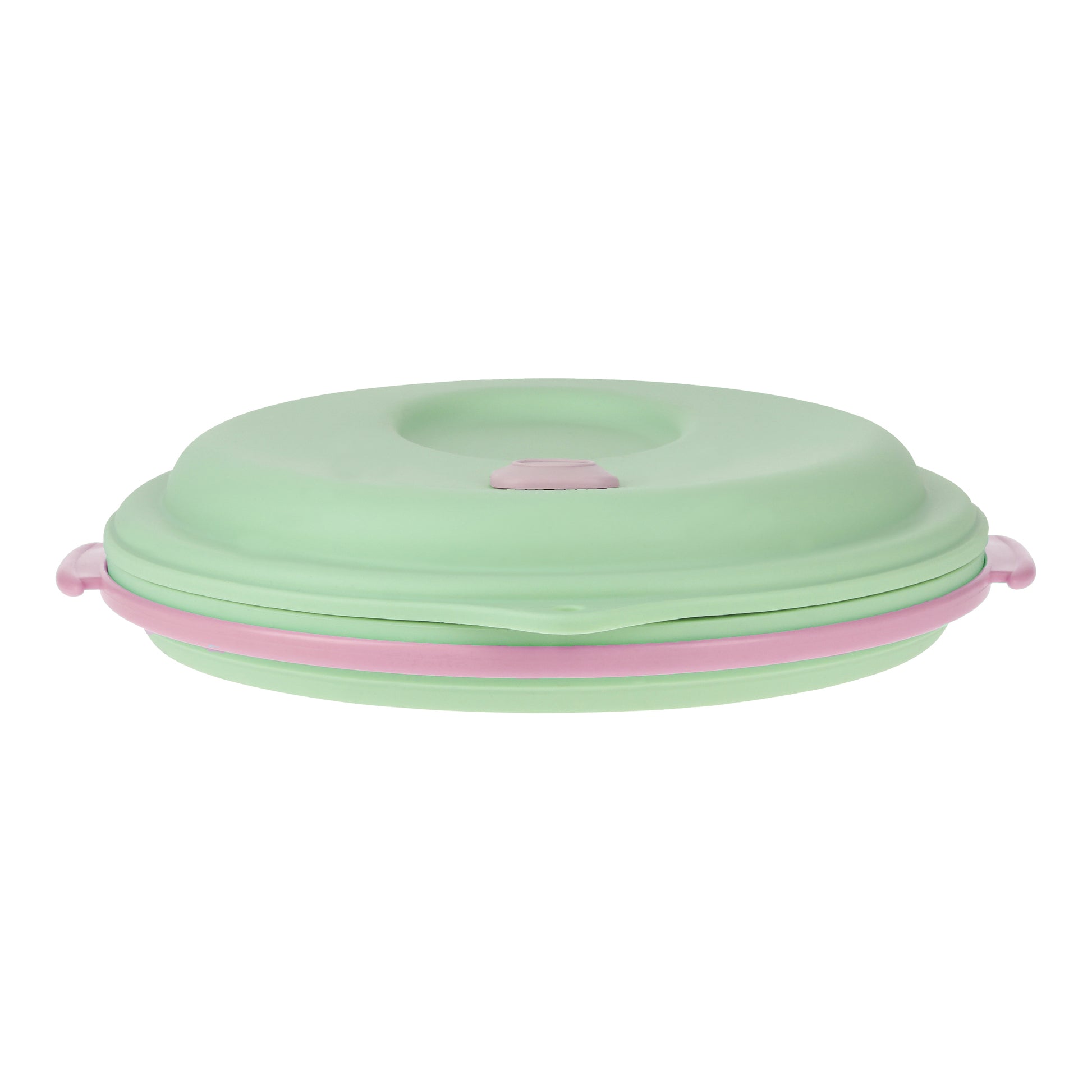 Special edition, green pink lunch box collapsed with the strap inside, front view.