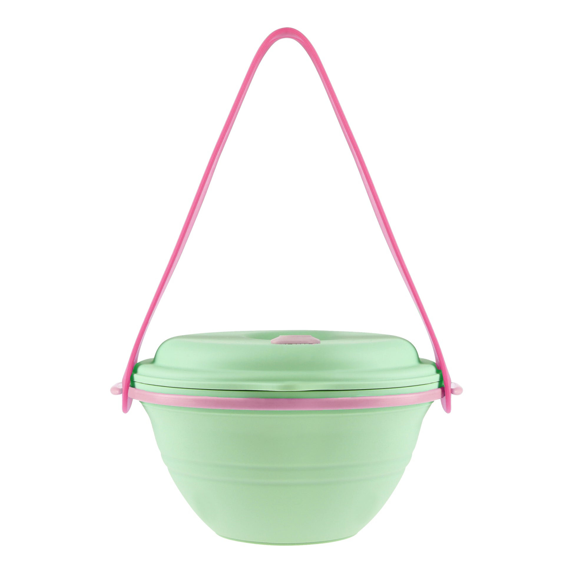 Special edition, green pink lunch box uncollapsed with the strap hooked onto it, front view.