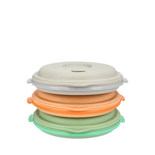 Grey orange green lunch boxes set of 3 collapsed with straps conveniently stored inside.