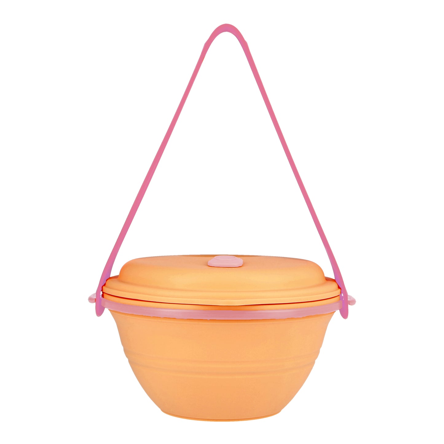 Special edition, orange pink lunch box uncollapsed with the strap hooked onto it, front view.