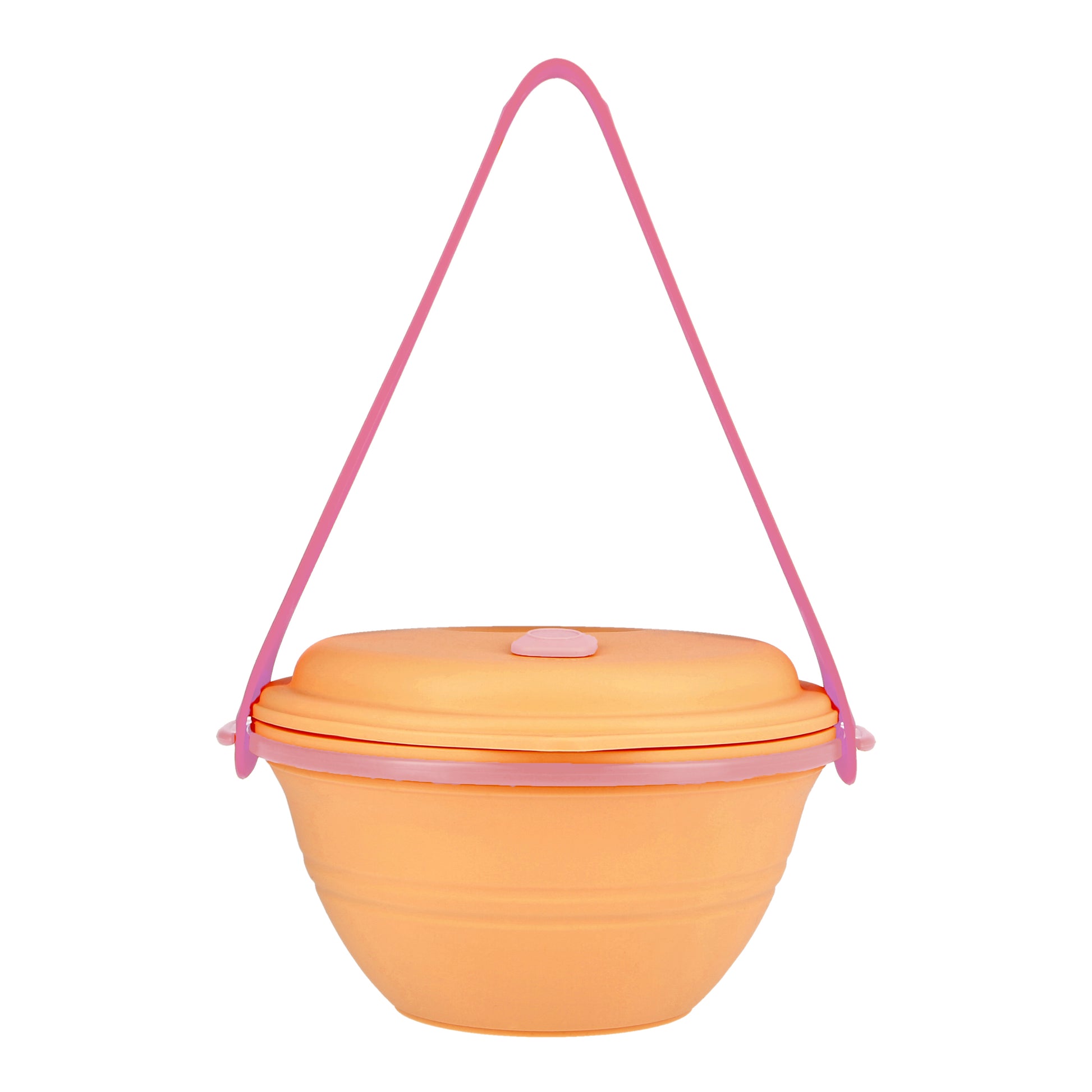 Special edition, orange pink lunch box uncollapsed with the strap hooked onto it, front view.